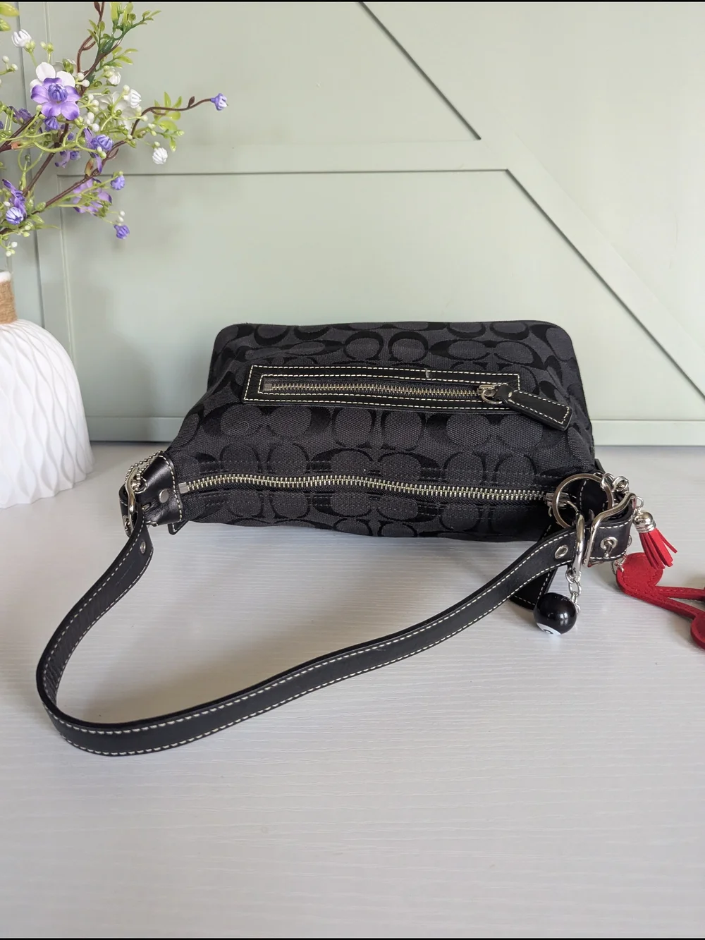 Coach Black Signature Jacquard Shoulder Bag with Charm